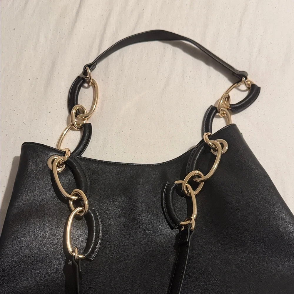 INC International Concepts Black Shoulder Bag with Gold Rings